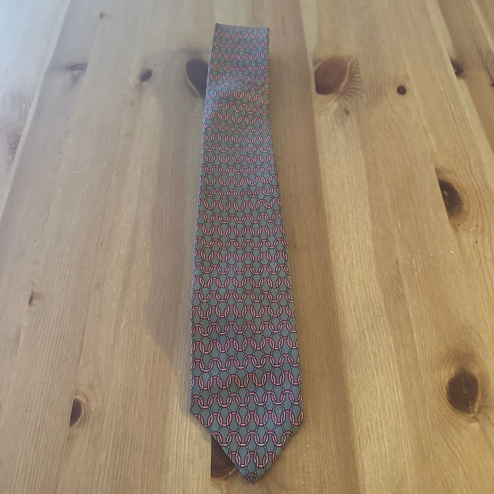 Bill Blass Mens Silk Tie Geometric Chain Link Gray Red Professional Office‎ Wear